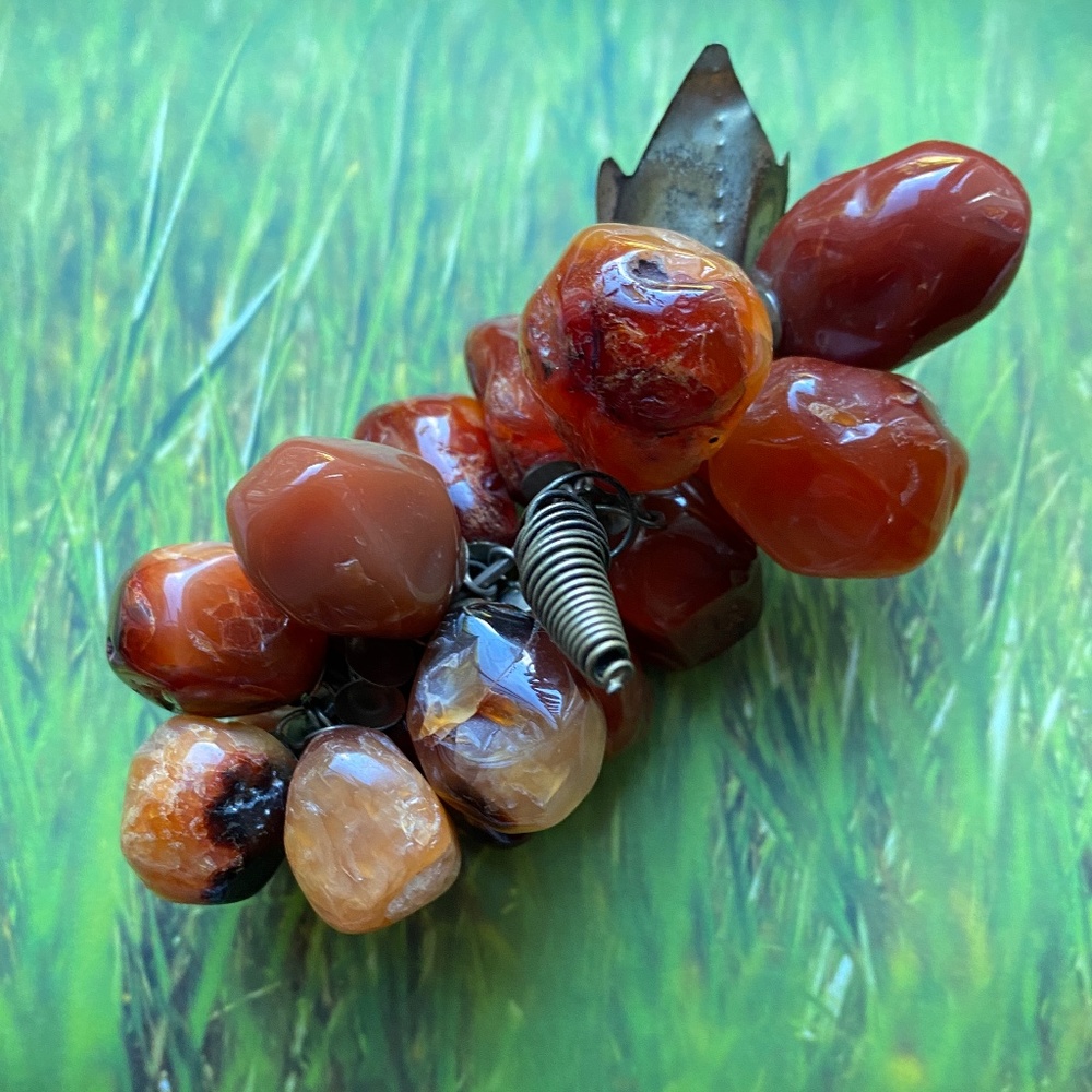 Vintage Agate Stone Grape Cluster with Metal Leaf